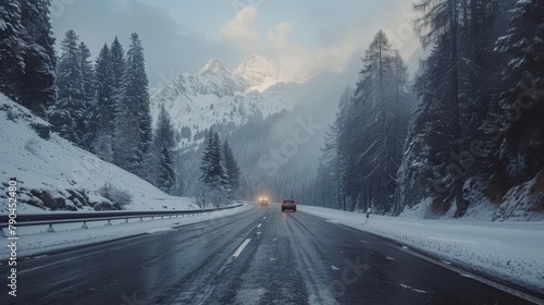 Swiss alpine drive snowy peaks, trees, fields seen from car window in scenic mountain route