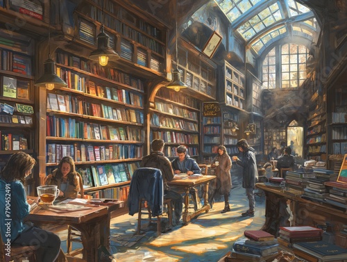 A painting of a library with people sitting at tables and reading. The mood of the painting is peaceful and quiet