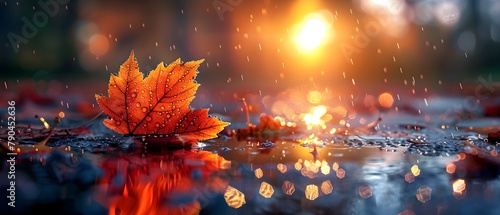 Maple leaves half submerged in water on a street with the setting sun behind