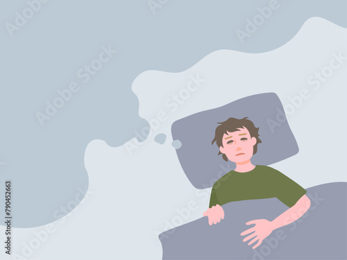 不眠症で眠れずにベッドの中でいろいろ考え事をしてしまう男性のベクターイラスト