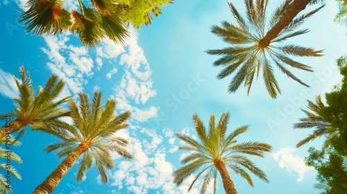 Sunny sky with palm trees, view from below, tropical background, summer vacation concept