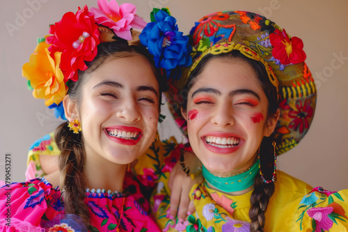 Laughter and Color: Mexican Joy. Two girls in vibrant Mexican attire share a joyful moment