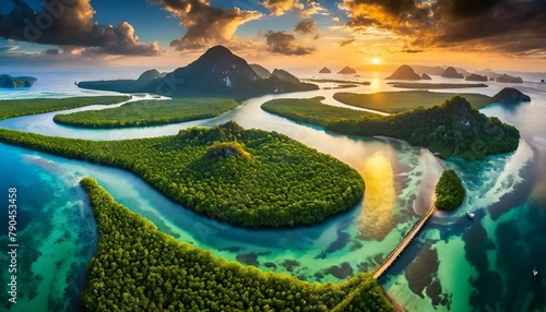 Top view, A network of interconnected lagoons and mangrove forests along a tropical coastline, providing vital habitat for a diverse array of marine life. photo