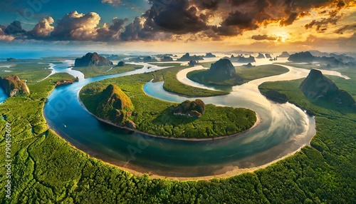 Top view, A tranquil river delta where freshwater meets the brackish waters of the sea, creating a mosaic of channels and islands teeming with wildlife. photo
