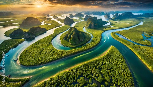 Top view, A tranquil river delta where freshwater meets the brackish waters of the sea, creating a mosaic of channels and islands teeming with wildlife.