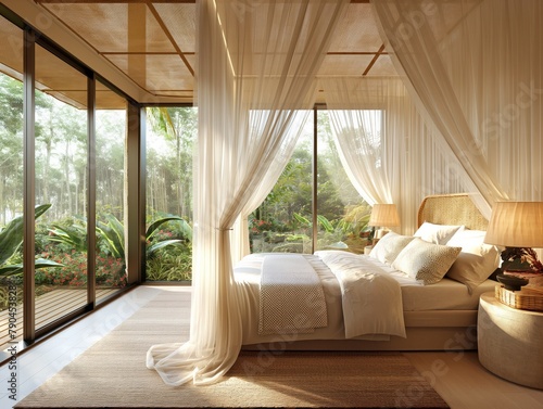 A bedroom with a white canopy bed and a white rug. The room has a tropical feel with plants and flowers in the background