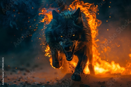 The wolf with a big sharp teeth in the fire on a black background