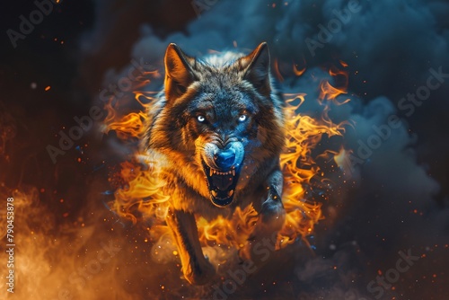 The wolf with a big sharp teeth in the fire on a black background