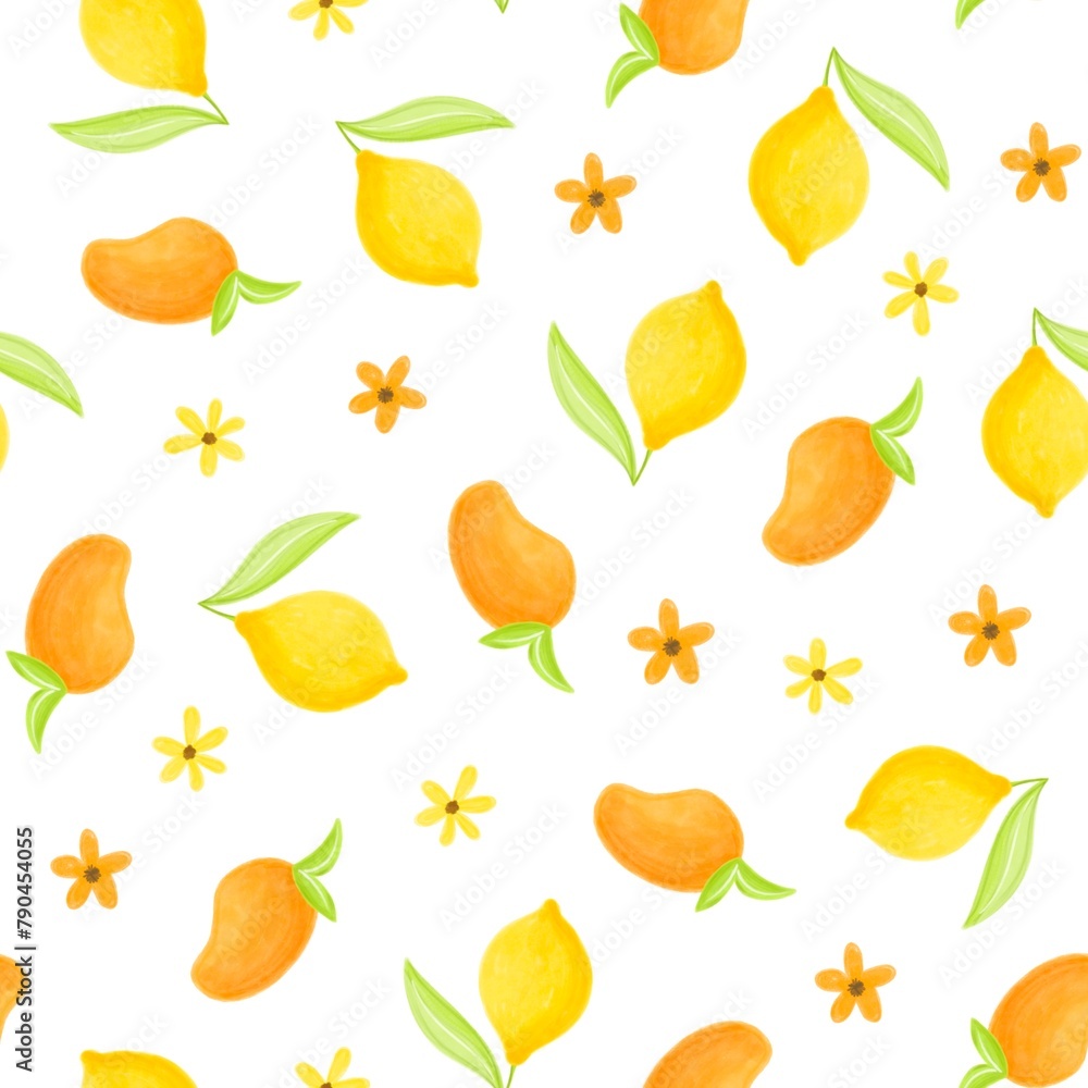 Obraz premium Seamless vector pattern with lemons, kiwi, greens, mango, blueberry, mint, daronia fruit, flowers and geometric stripes.