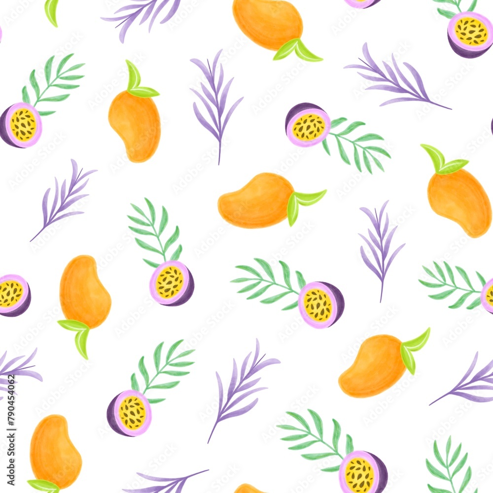 Seamless vector pattern with lemons, kiwi, greens, mango, blueberry, mint, daronia fruit, flowers and geometric stripes. Seamless vector pattern with lemons, kiwi, greens, mango, blueberry, mint, daronia fruit, flowers and geometric stripes.