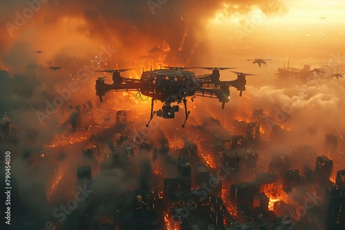 A drone navigating through a city engulfed in flames