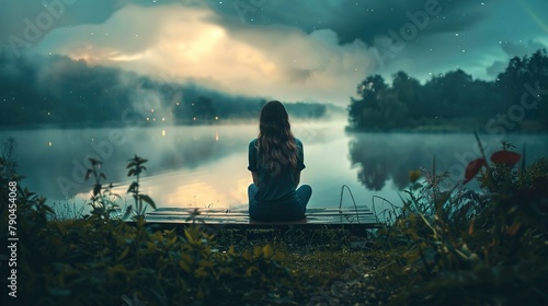 A person with long hair sits cross-legged on a wooden jetty extending into a tranquil lake. It’s twilight or nighttime and there is a serene, almost mystical atmosphere. The sky is partly cloudy and i photo