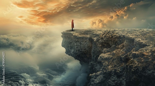 A figure in a bright orange cloak stands at the edge of a high, rugged cliff, looking over a dramatic seascape with swirling clouds and waves below. The sky is an ominous mix of gold and darkening clo photo