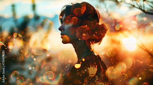 The image features a silhouette profile of a person, presumably female given the outline of the jaw and hair length, against a warm and vibrant background with the sun setting. The bokeh effect is pre
