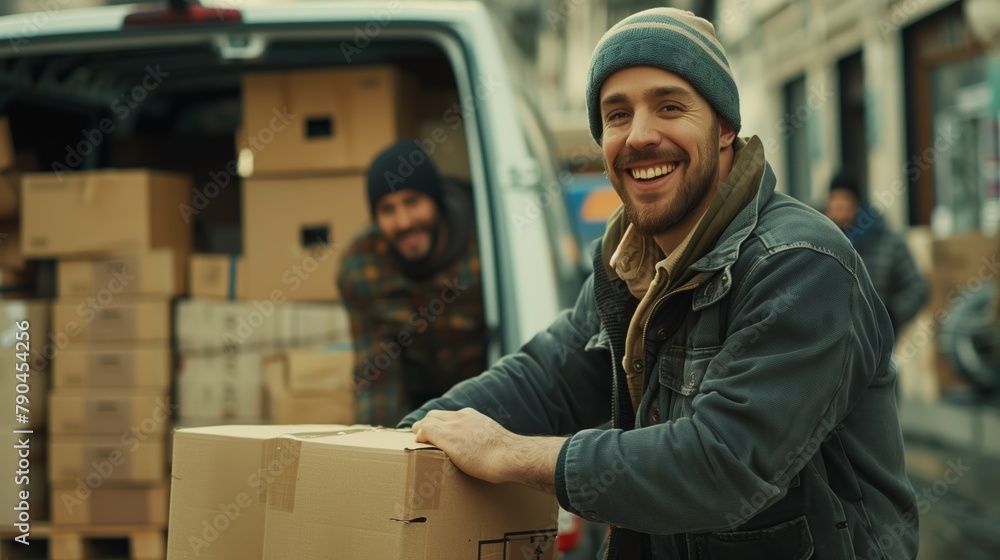 Smiling Delivery Person Loading a Van Smiling Delivery Person Loading a Van