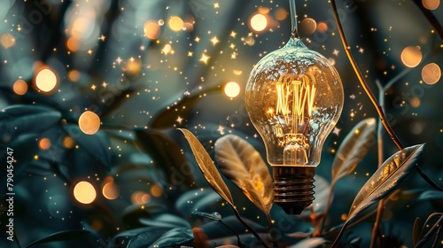 An incandescent light bulb with a visible filament radiating a warm glow sits among dark green leaves with a bokeh effect of golden orbs and glimmering star-like flashes in the background, suggesting  photo