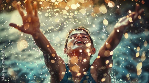 A person is captured mid-motion, likely joyful or triumphant, with their arms upraised amidst a shower of water droplets. The water gives the appearance of sparkling light as the droplets catch the li