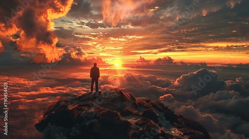 A silhouette of a person stands atop a rugged outcrop overlooking a dramatic cloudscape. The sky is filled with clouds that glow with the warm hues of the setting or rising sun at the horizon. Sunligh photo