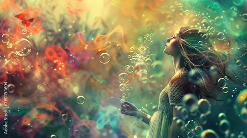 The image depicts a side view of a woman with long, flowing hair, standing amidst a surreal environment filled with vibrant colors and floating bubbles that vary in size. She appears peaceful and is d