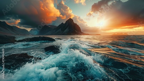 The image captures a dramatic coastal scene at sunset. The foreground shows turbulent ocean waves crashing against dark rocky outcrops. The dynamic water movement conveys a sense of raw natural power.