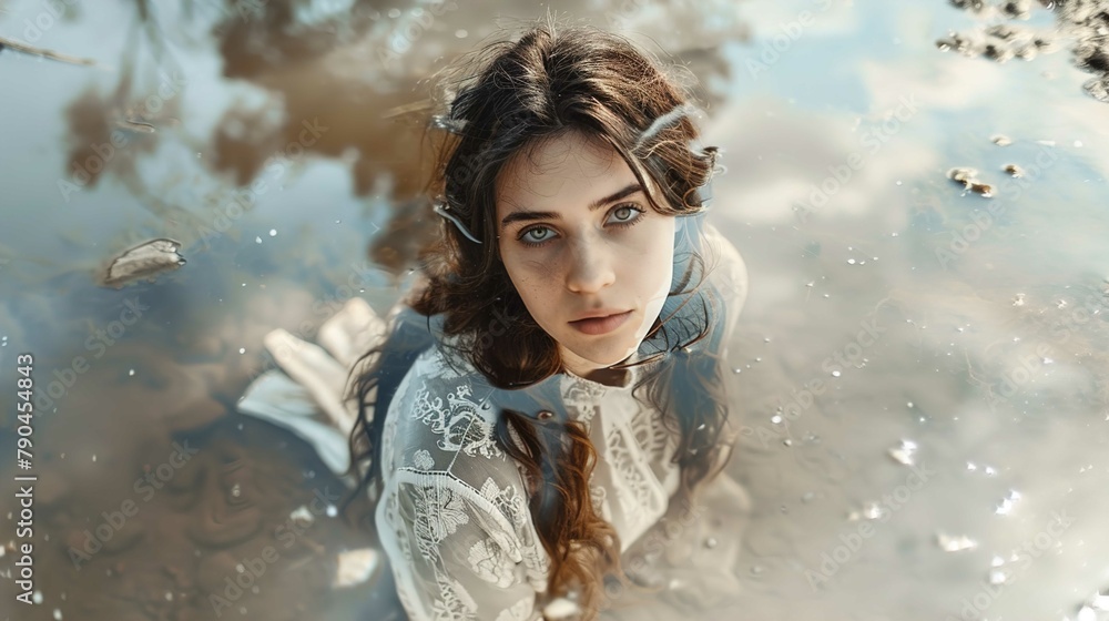 A young woman with dark curly hair and striking blue eyes is staring directly into the camera. She is wearing a delicate lace garment, suggesting a romantic or vintage style. The setting appears to be A young woman with dark curly hair and striking blue eyes is staring directly into the camera. She is wearing a delicate lace garment, suggesting a romantic or vintage style. The setting appears to be
