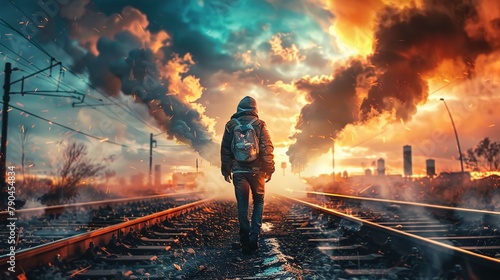 In the center of the image, a person is seen from behind walking along train tracks. They wear a backpack, hooded outerwear, and casual pants. Sparks and small embers float in the air, indicative of a photo