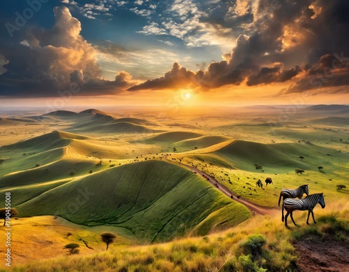 Top view, A vast expanse of savanna grasslands dotted with acacia trees, where herds of wildebeest and zebras roam freely beneath the expansive African sky.