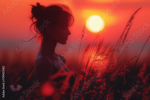 A woman is standing in a field of tall grass