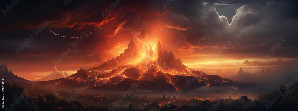 Epic Volcanic Eruption Landscape with Lightning Strike