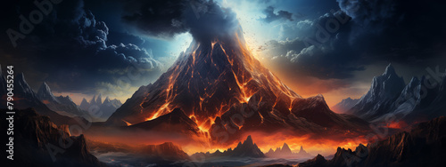 Majestic Volcanic Eruption with Lightning and Bird Flocks photo