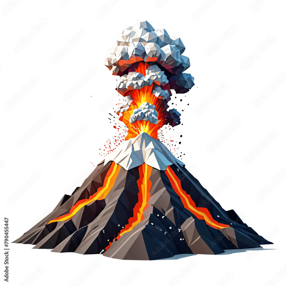 Geometric Low Poly Volcano Eruption Illustration, Transparent Background