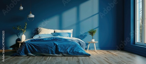 Bedroom with blue walls and wooden floors
