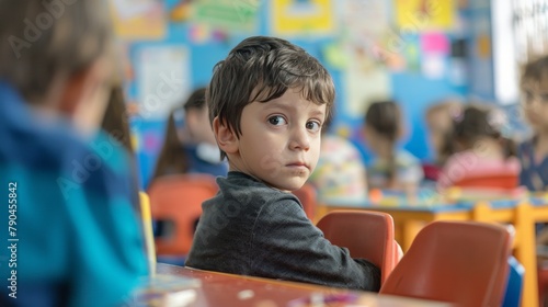 A child in the corner of a classroom, separated from his peers, looking sad and excluded