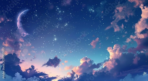 A fabulous blue night sky with clouds, stars and a moon. The magical evening sky. With air clouds. Children's illustration. Magical starry background.