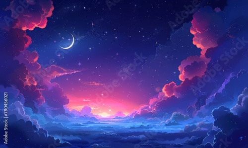 A fabulous blue night sky with clouds  stars and a moon. The magical evening sky. With air clouds. Children s illustration. Magical starry background.