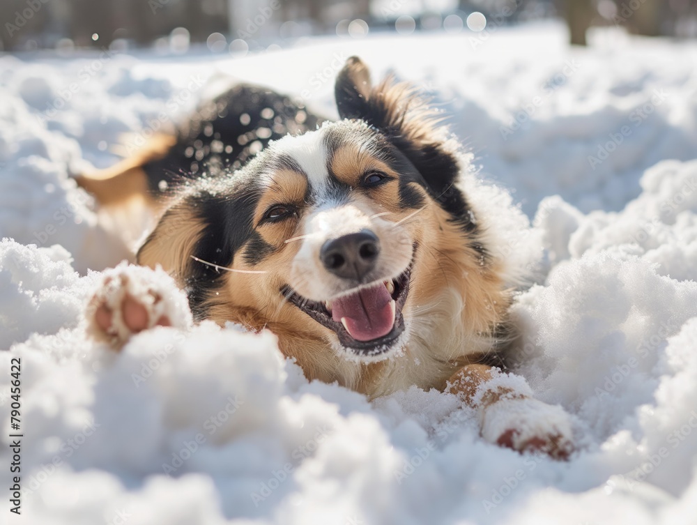 A dog is laying in the snow and he is happy. The dog is surrounded by snow and has its paws in the snow