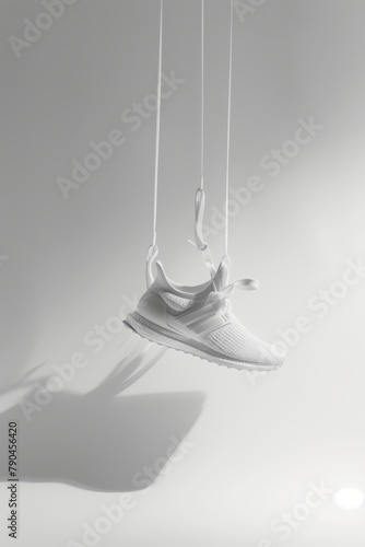 Popular white sneakers on a white background. Subject photography of floating shoes. Angular geometric shapes on the background. Minimalist design. Good ventilation inside the shoe.