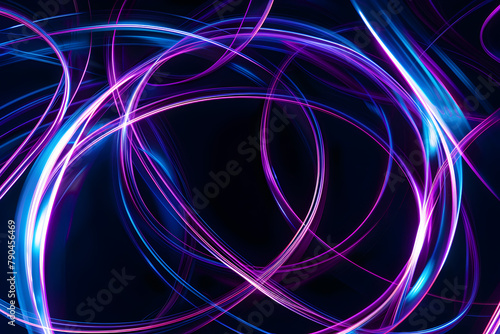 Abstract neon lines intersecting in a symphony of blue and purple hues. Captivating on black background.