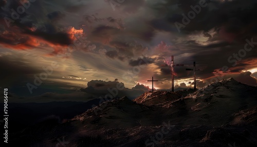 The Christian themed on a background with dramatic at dawn  with a beautiful sea of       clouds  dark clouds and sky and sunbeams