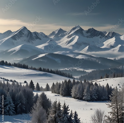 Winter mountain landscape isolated on a transparent background, with options for PNG, cutout, or clipping path.