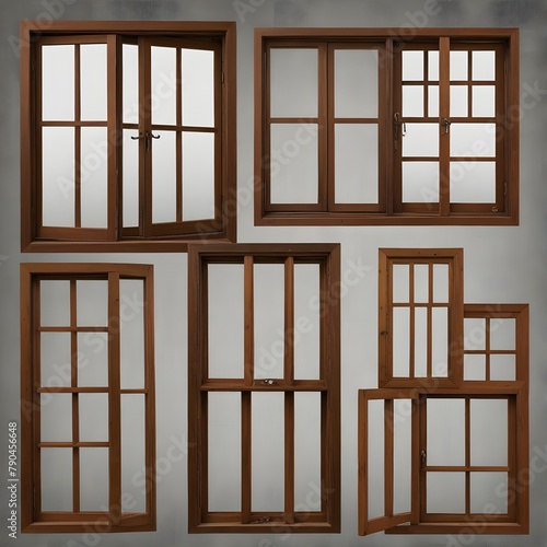 Collection of real vintage wooden house window frame sets  isolated on a transparent background with a PNG cutout or clipping path.