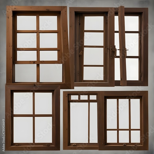 Collection of real vintage wooden house window frame sets, isolated on a transparent background with a PNG cutout or clipping path.