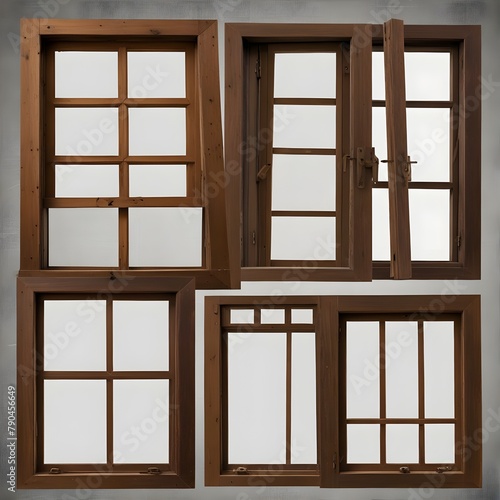 Collection of real vintage wooden house window frame sets  isolated on a transparent background with a PNG cutout or clipping path.