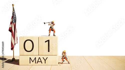 May 1st. Day 1 of month.  Miniature worker wooden block  calendar. labor day's concept. 3d illustration
