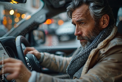 Bearded man drives car in city, hands on steering wheel