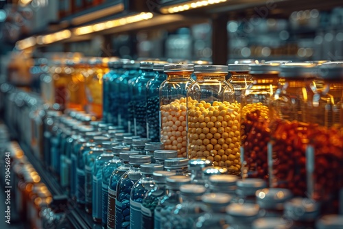 Glass jars of candy neatly displayed on a shelf in a city market