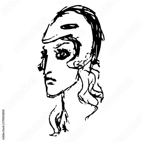 Amazonian queen Penthesilea. Head of a woman warrior in helmet. Athena Pallas. Ancient Greek mythology. Hand drawn linear doodle rough sketch. Black and white silhouette.