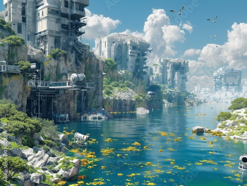 A futuristic city with a river running through it. The buildings are tall and made of concrete. The sky is cloudy, and there are birds flying in the distance. Scene is one of a futuristic