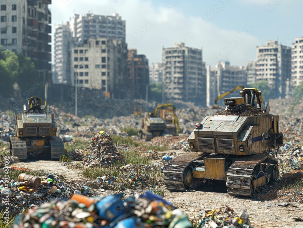 A group of robots are driving through a trash-filled city. The robots are dirty and appear to be in a war zone