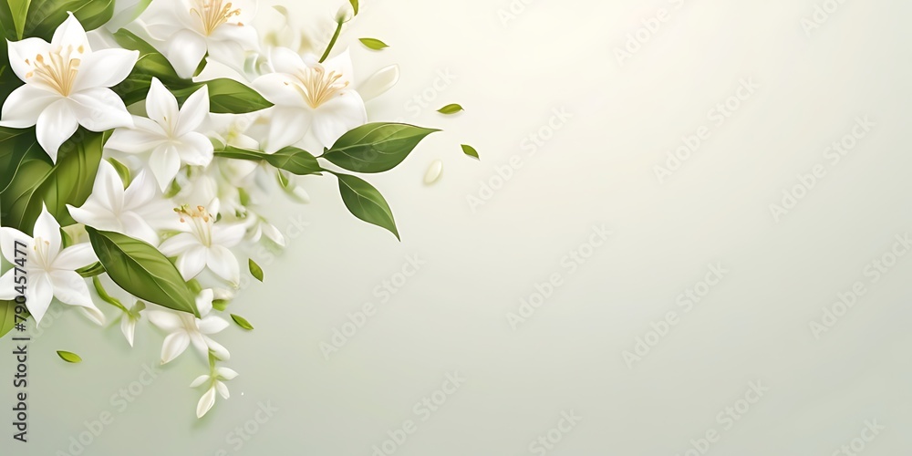Obraz premium A tranquil scene with white jasmine flowers and lush green leaves against a soft pastel backdrop.
